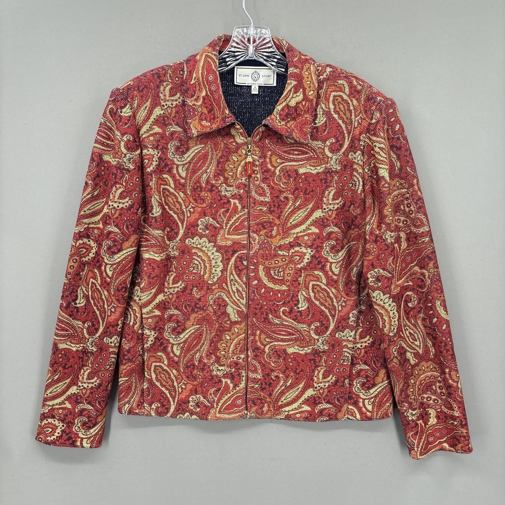 St John Sport Jacket Womens Medium Red Paisley Knit Full Zip Made USA Collared
